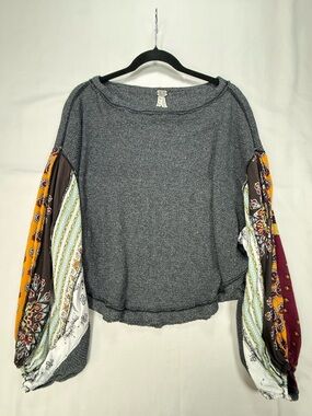 We The Free Gray Knit Top with Multicolor Patchwork Balloon Sleeves
